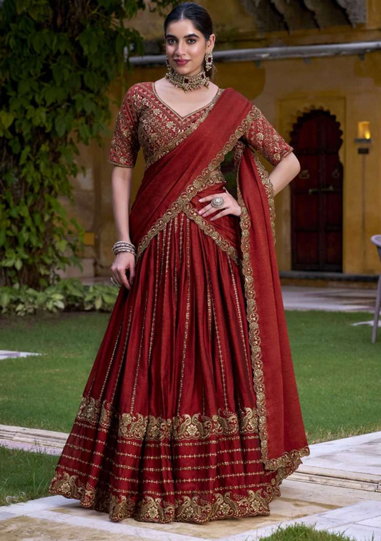 Rust Embroidered Tissue Lehenga Set for Diwali and Festive Wear - Indya