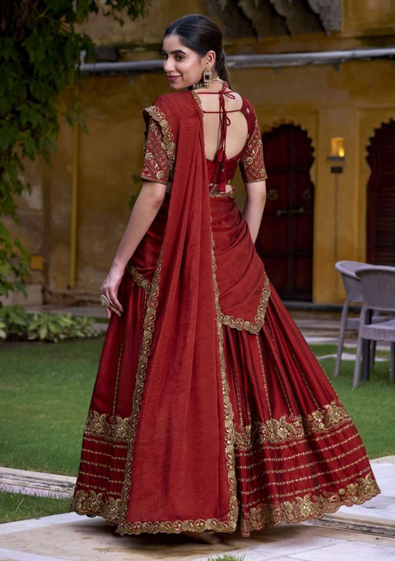 Rust Embroidered Tissue Lehenga Set for Diwali and Festive Wear - Indya
