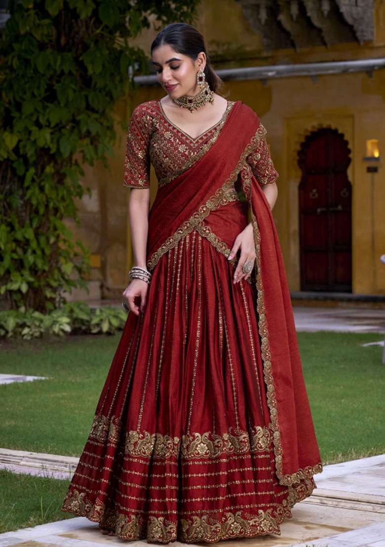 Rust Embroidered Tissue Lehenga Set for Diwali and Festive Wear - Indya