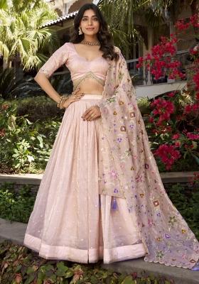 Peach Embroidered Tissue Lehenga Set