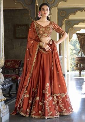 Rust Embroidered Silk Blend Lehenga Set