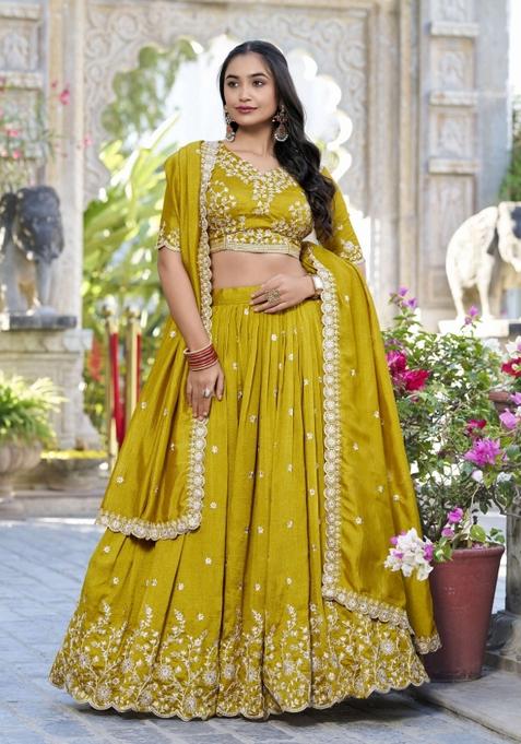 Mustard Yellow Embroidered Silk Lehenga Set