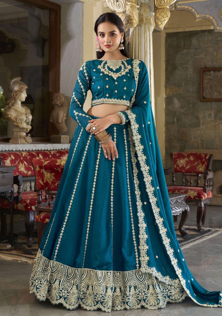 Teal Embroidered Silk Lehenga Set - Indya