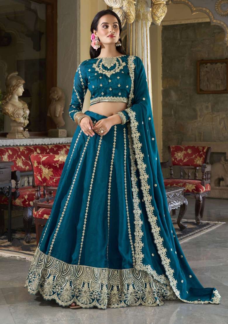 Teal Embroidered Silk Lehenga Set - Indya