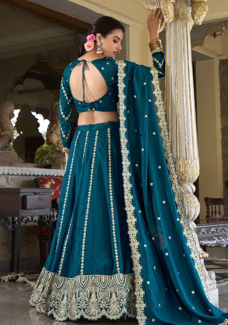 Teal Embroidered Silk Lehenga Set - Indya
