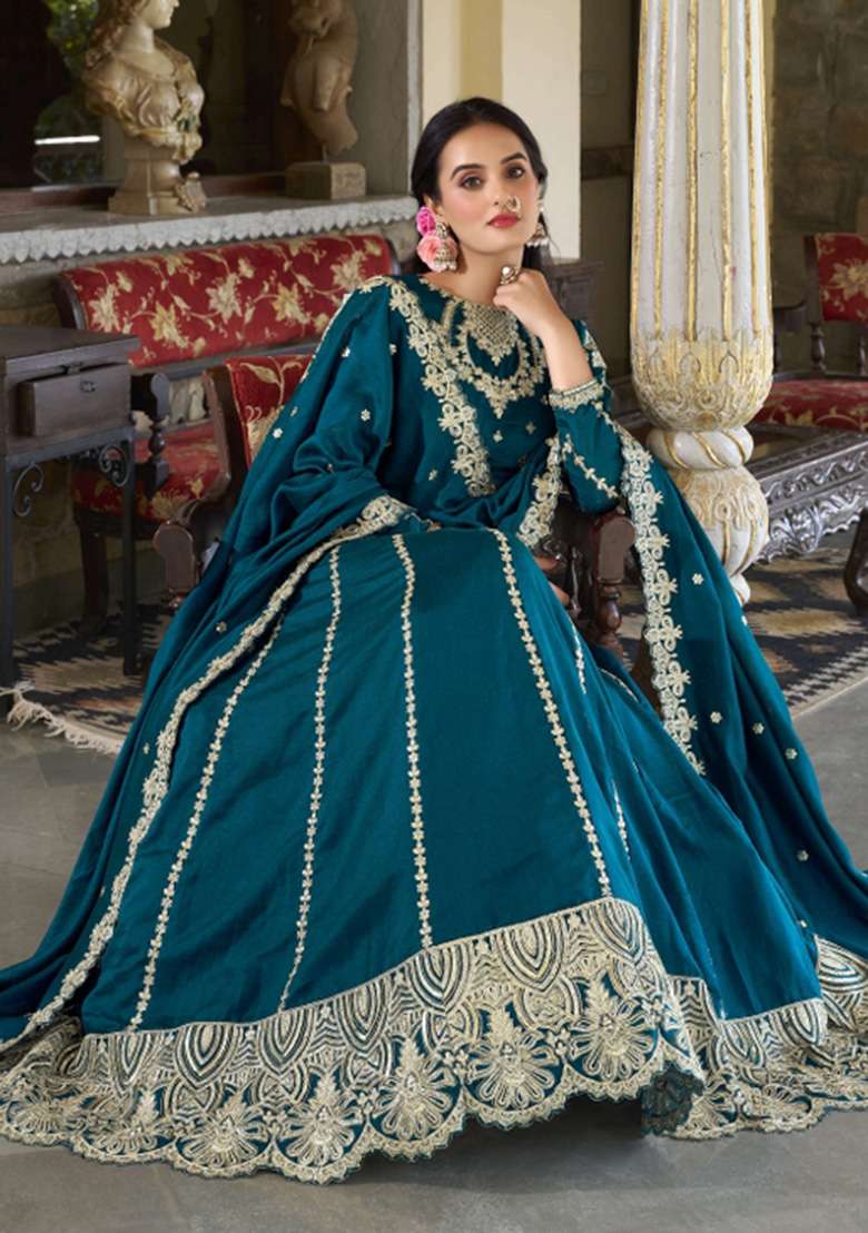 Teal Embroidered Silk Lehenga Set - Indya
