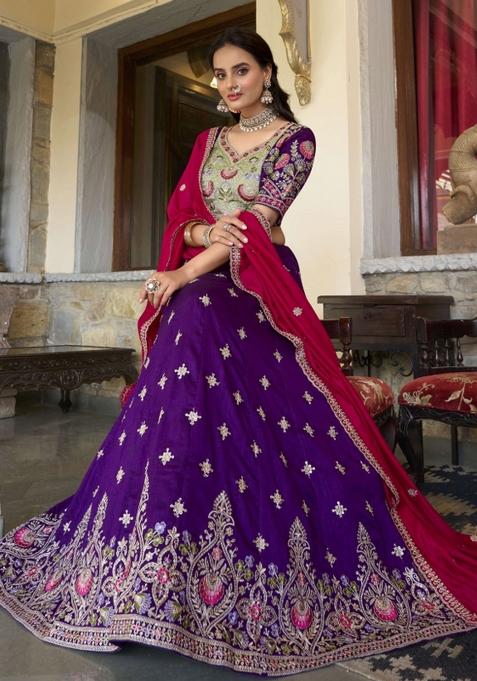Purple Embroidered Silk Lehenga Set