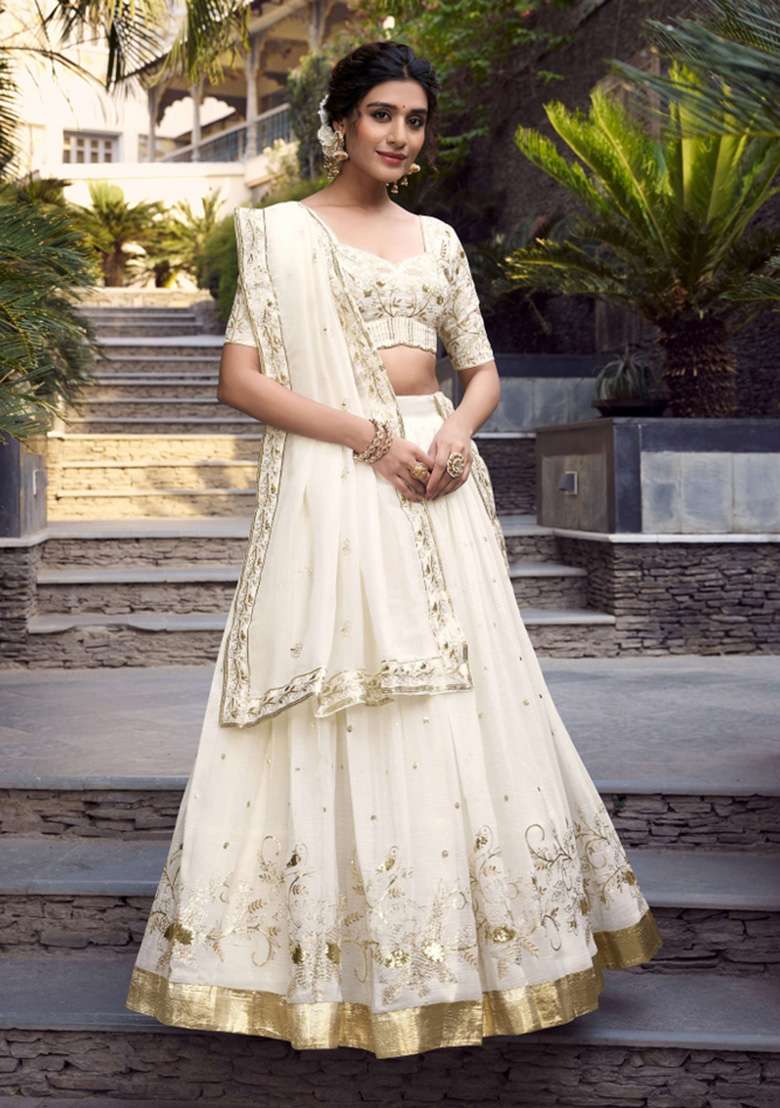 Off White Embroidered Blended Lehenga Set - Indya