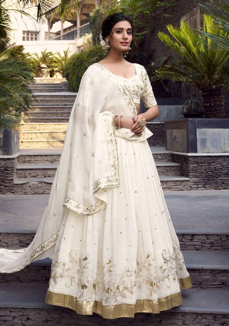 Off White Embroidered Blended Lehenga Set - Indya