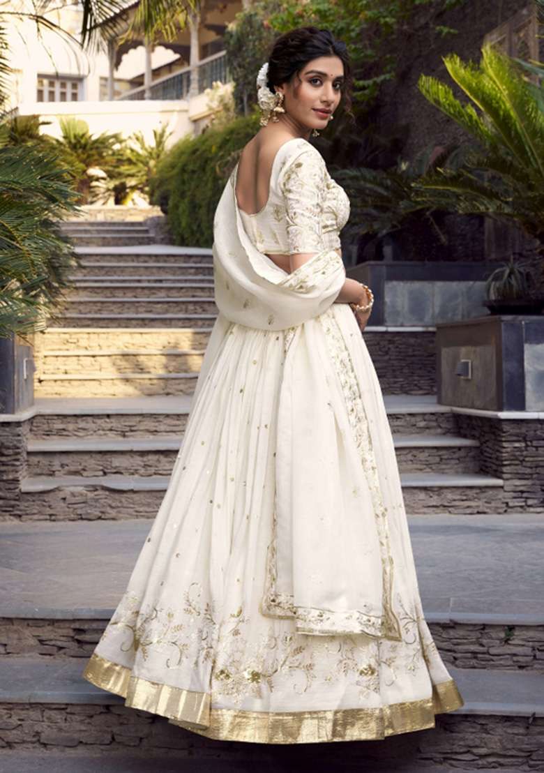 Off White Embroidered Blended Lehenga Set - Indya