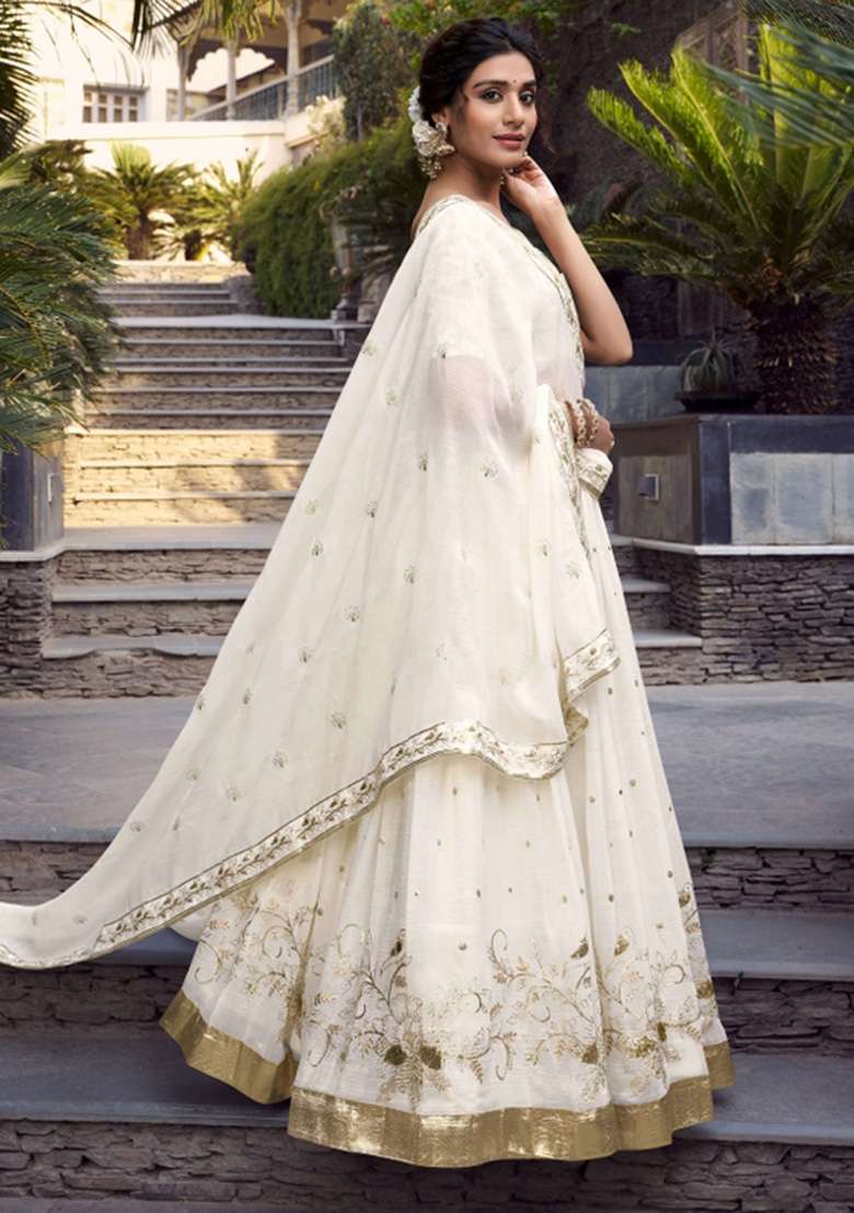 Off White Embroidered Blended Lehenga Set - Indya