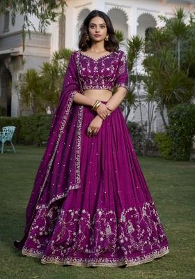 Wine Embroidered Silk Lehenga Set