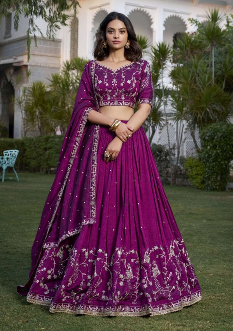Wine Silk Blend Lehenga Set with Embroidered for Diwali | Wedding & Festive Wear - Indya