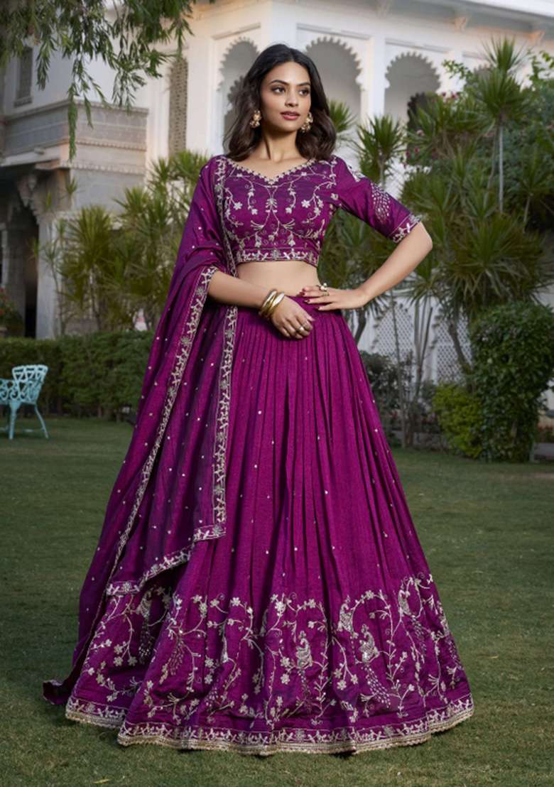 Wine Silk Blend Lehenga Set with Embroidered for Diwali | Wedding & Festive Wear - Indya