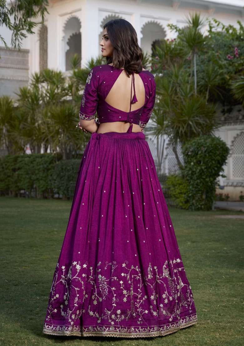 Wine Silk Blend Lehenga Set with Embroidered for Diwali | Wedding & Festive Wear - Indya