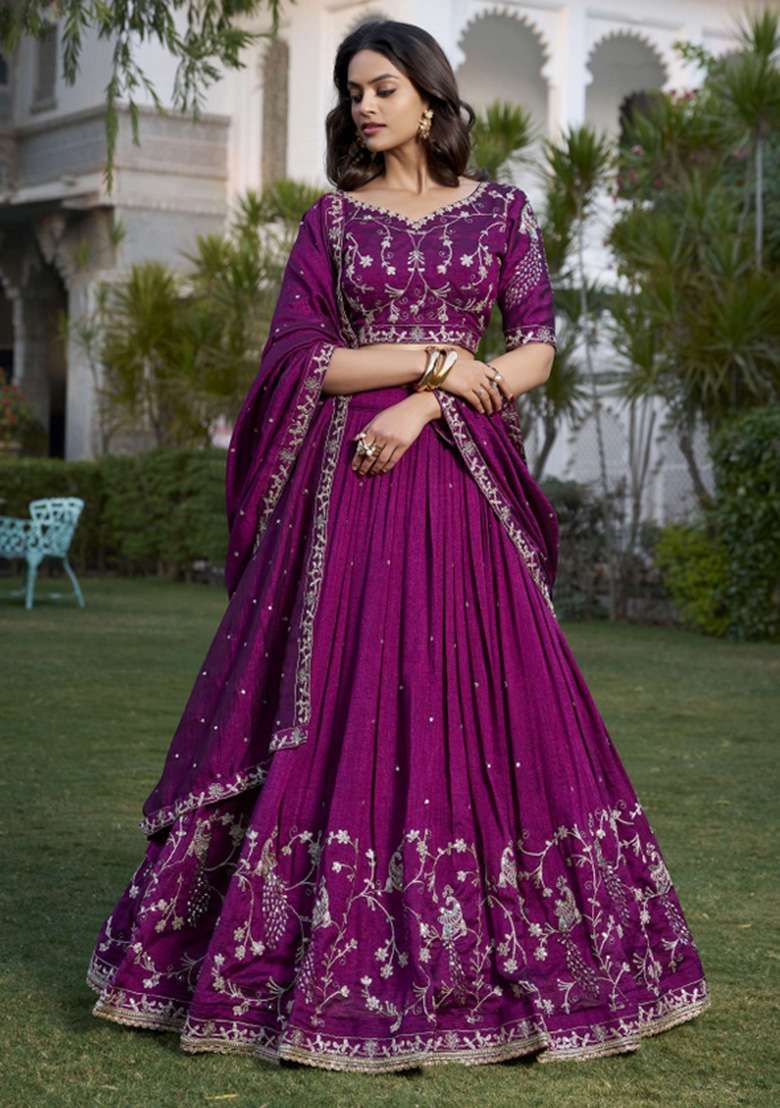 Wine Silk Blend Lehenga Set with Embroidered for Diwali | Wedding & Festive Wear - Indya