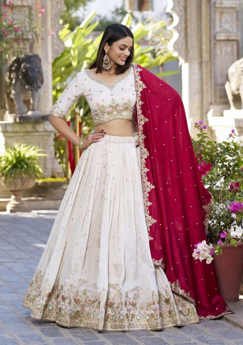 Off White Silk Blend Lehenga Set with Embroidered for Diwali | Wedding & Festive Wear - Indya
