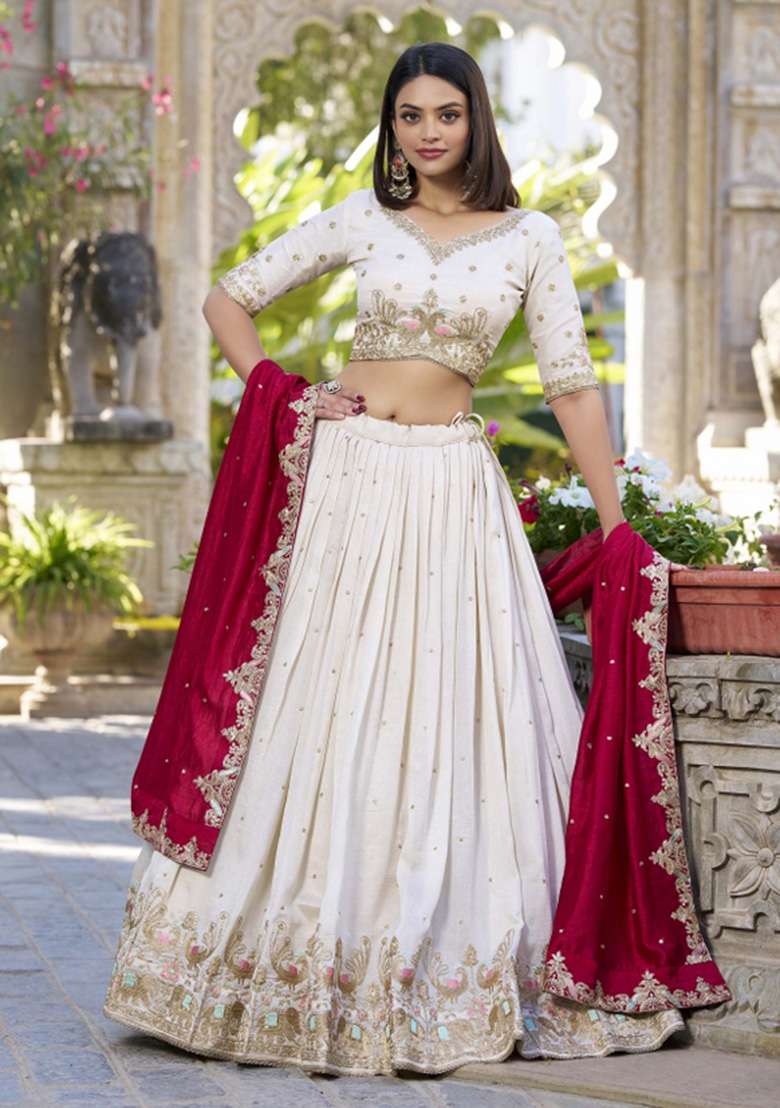 Off White Silk Blend Lehenga Set with Embroidered for Diwali | Wedding & Festive Wear - Indya