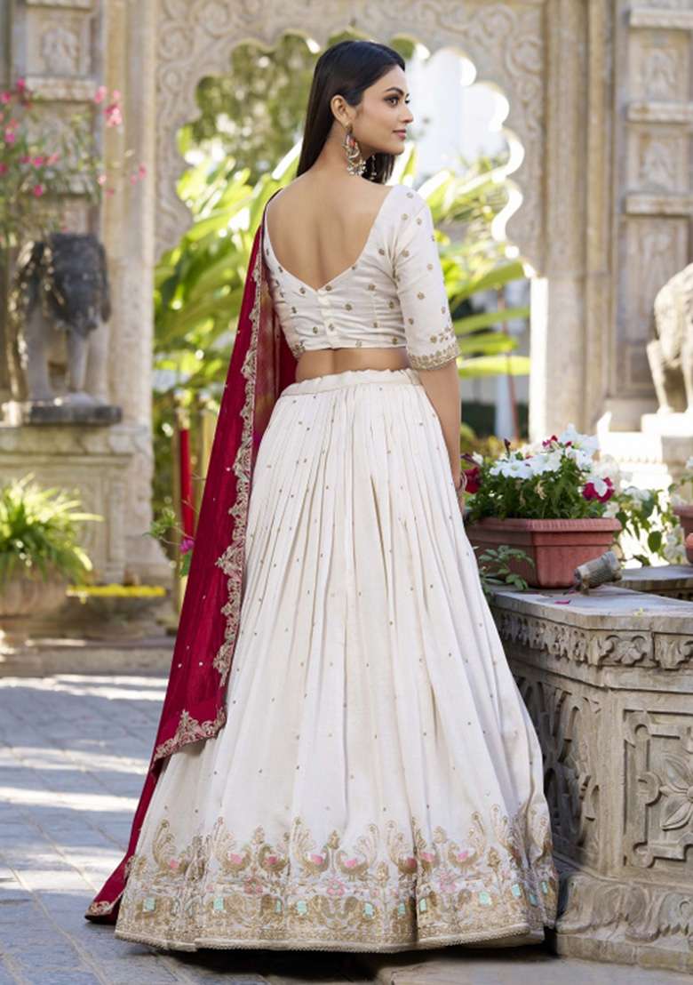 Off White Silk Blend Lehenga Set with Embroidered for Diwali | Wedding & Festive Wear - Indya