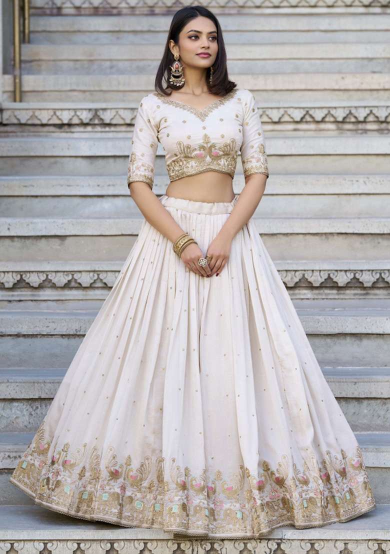 Off White Silk Blend Lehenga Set with Embroidered for Diwali | Wedding & Festive Wear - Indya
