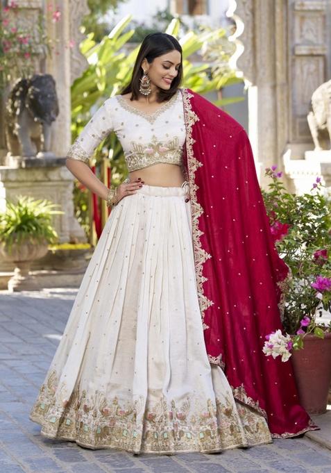 Off White Embroidered Silk Lehenga Set