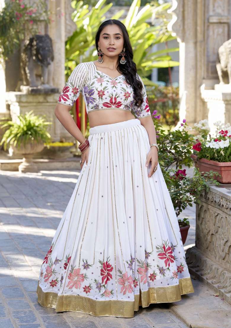 White Embroidered Georgette Lehenga Set for Diwali and Festive Wear - Indya