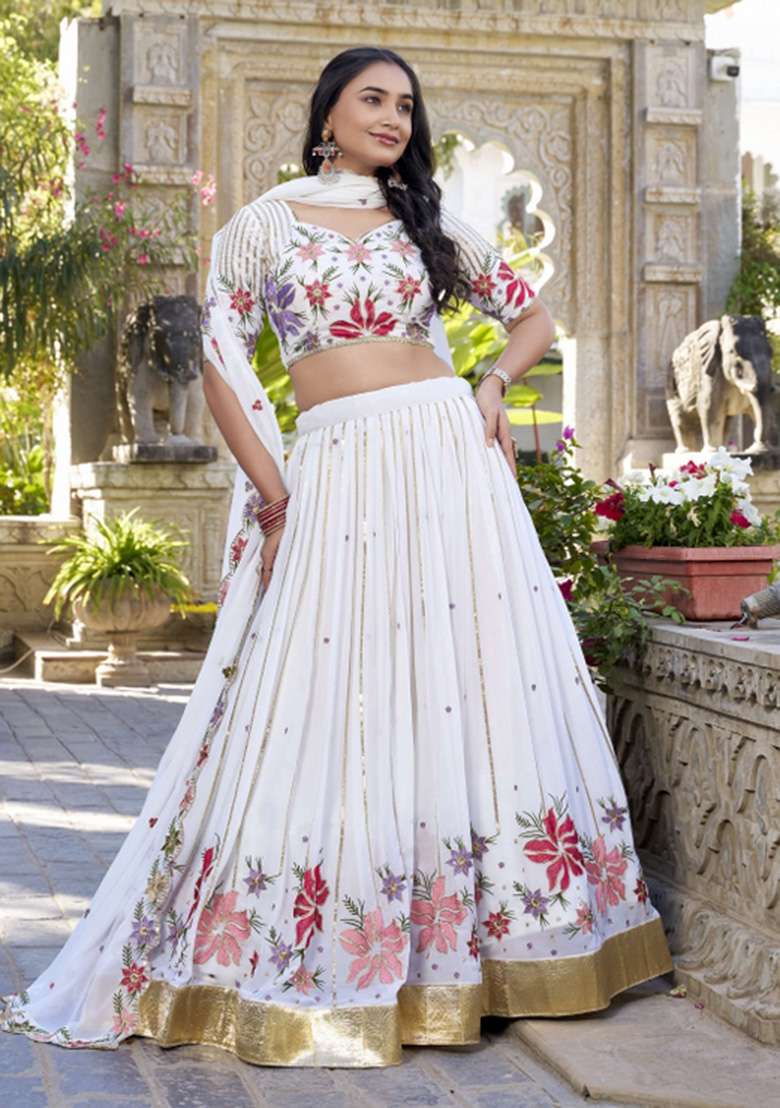 White Embroidered Georgette Lehenga Set for Diwali and Festive Wear - Indya
