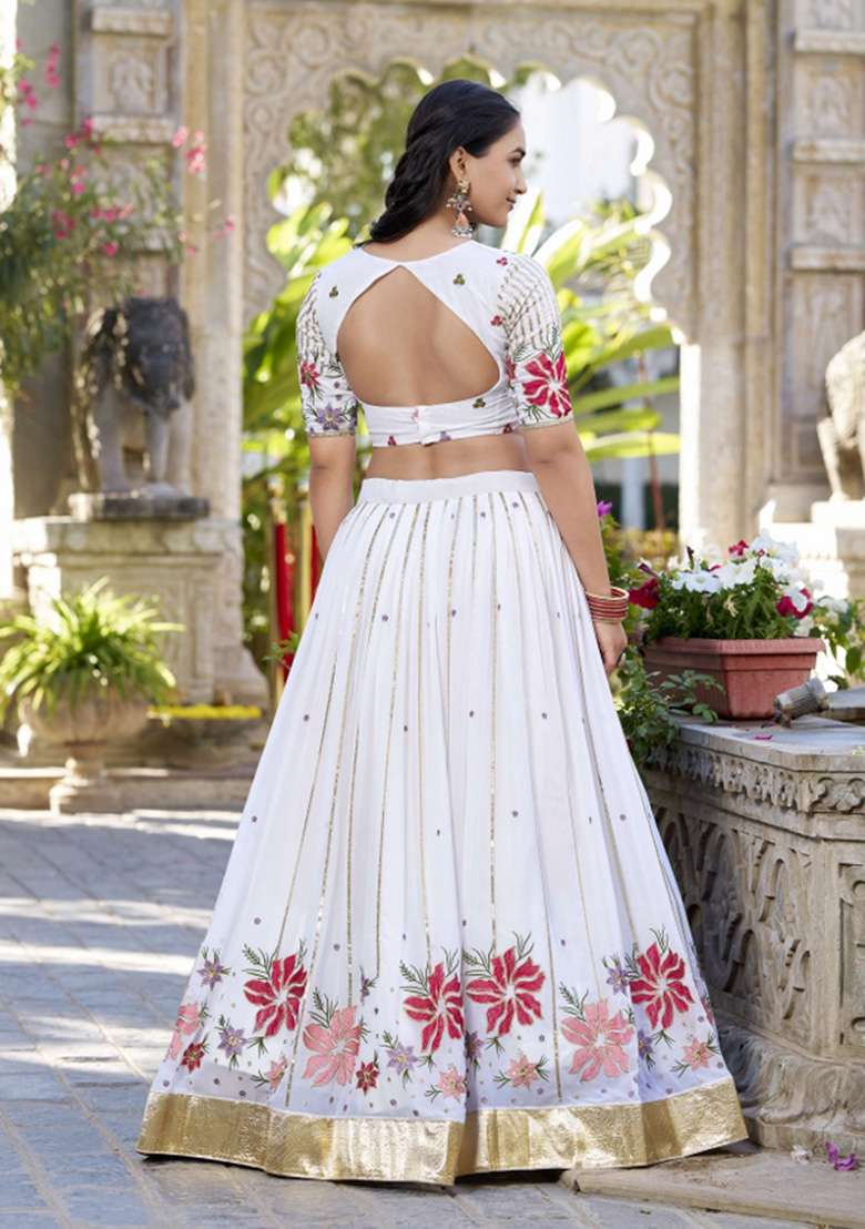 White Embroidered Georgette Lehenga Set for Diwali and Festive Wear - Indya