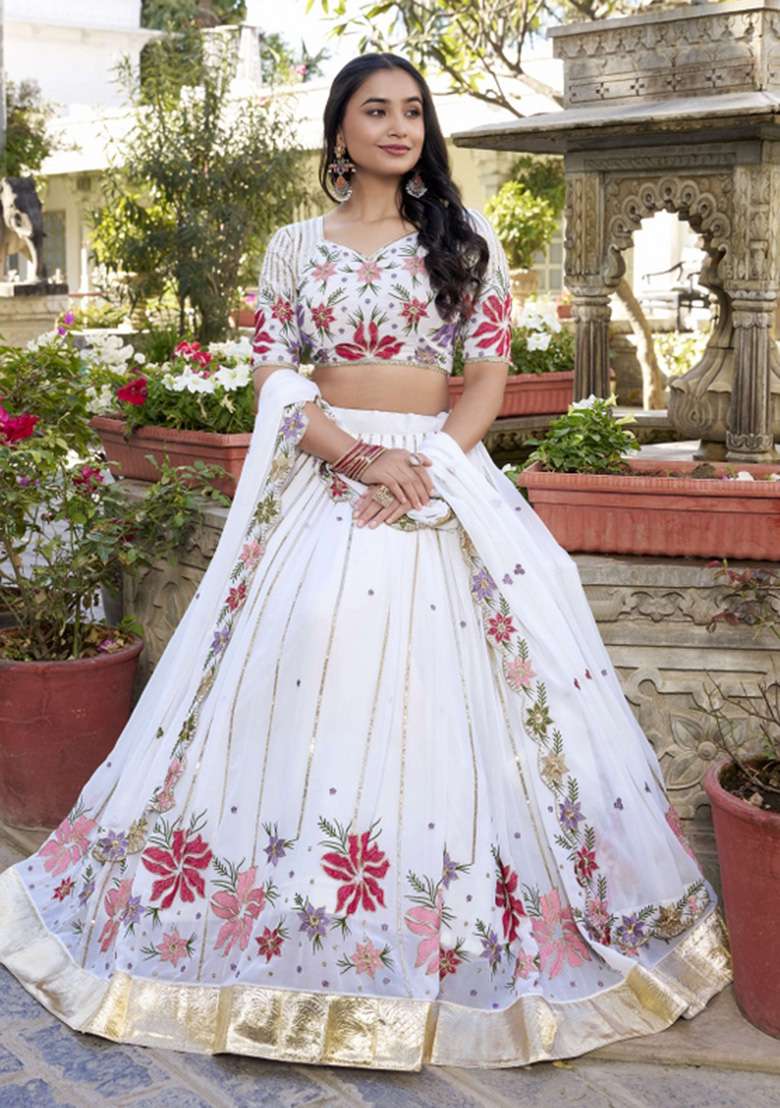 White Embroidered Georgette Lehenga Set for Diwali and Festive Wear - Indya