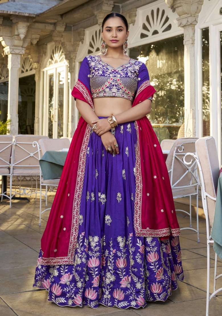 Purple Silk Blend Lehenga Set with Embroidered for Diwali | Wedding & Festive Wear - Indya