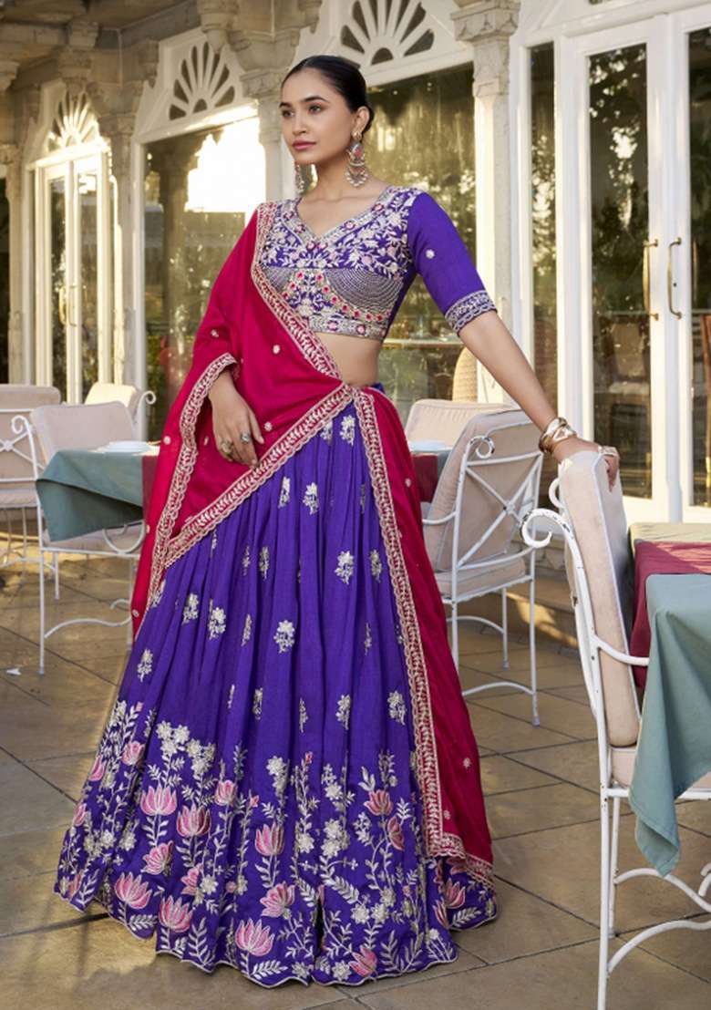Purple Silk Blend Lehenga Set with Embroidered for Diwali | Wedding & Festive Wear - Indya