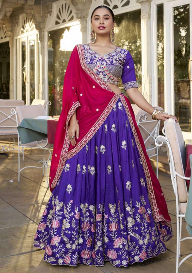 Purple Silk Blend Lehenga Set with Embroidered for Diwali | Wedding & Festive Wear - Indya
