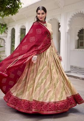 Off White Printed Silk Lehenga Set