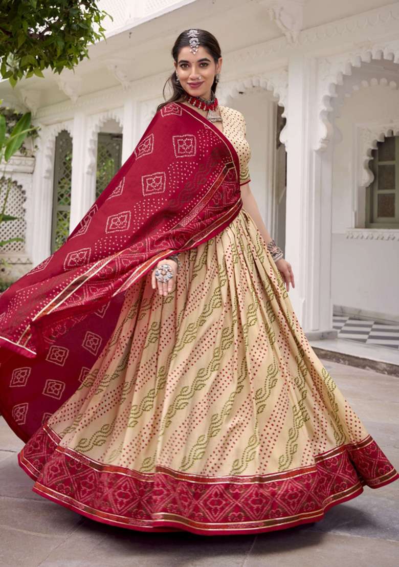 Off White Printed Silk Blend Lehenga Set - Indya