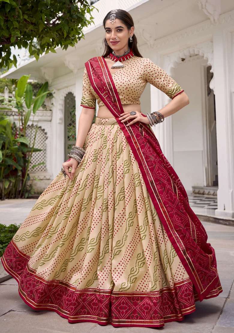 Off White Printed Silk Blend Lehenga Set - Indya