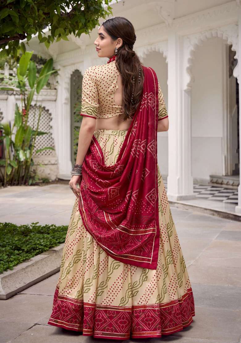 Off White Printed Silk Blend Lehenga Set - Indya