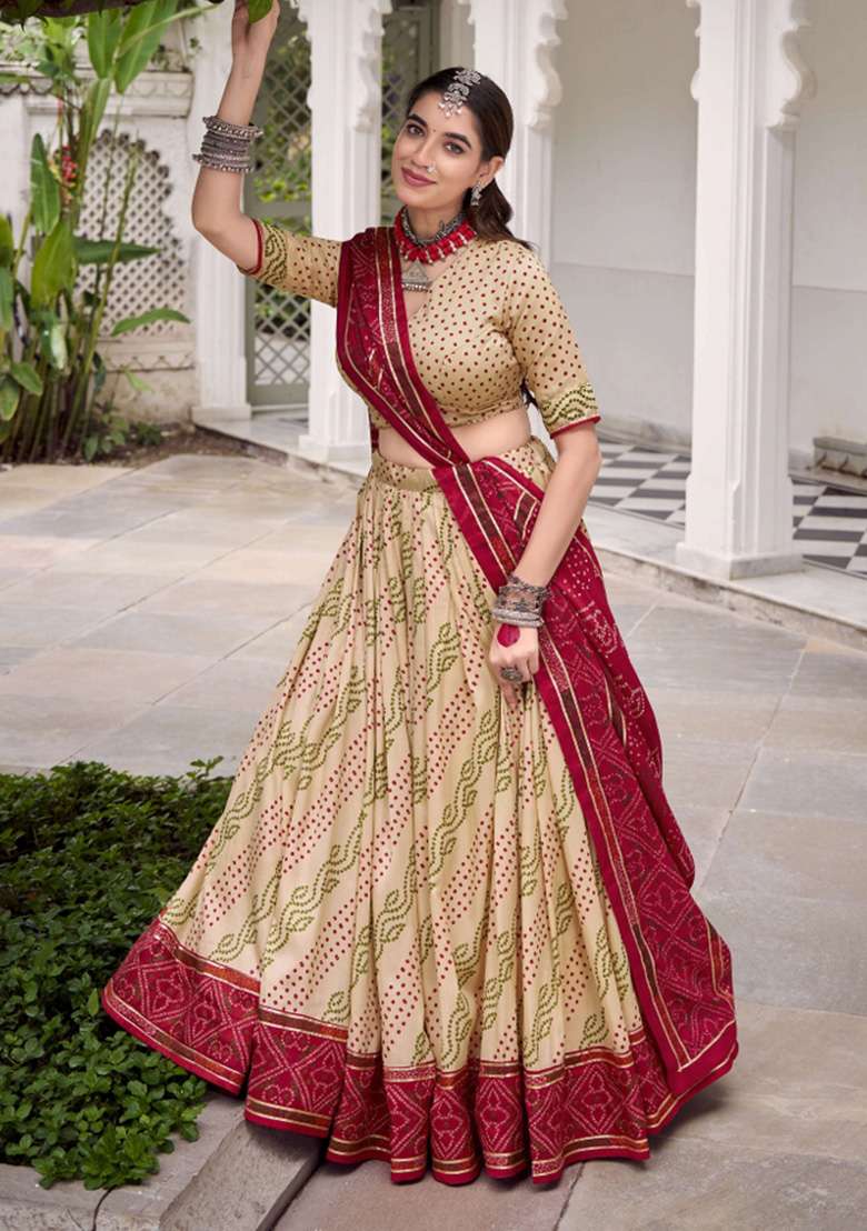 Off White Printed Silk Blend Lehenga Set - Indya