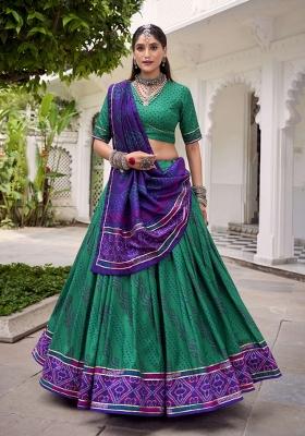 Green Printed Silk Lehenga Set