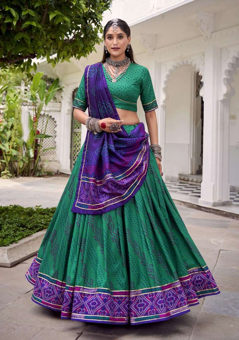 Green Printed Silk Blend Lehenga Set - Indya