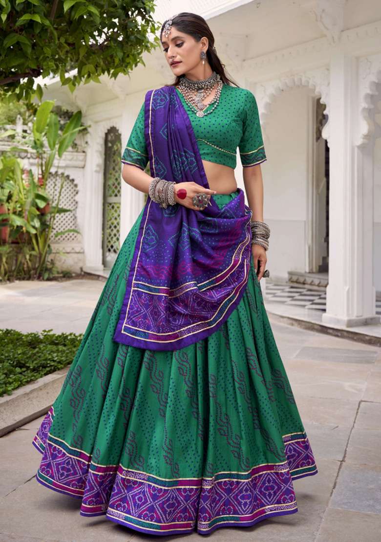 Green Printed Silk Blend Lehenga Set - Indya
