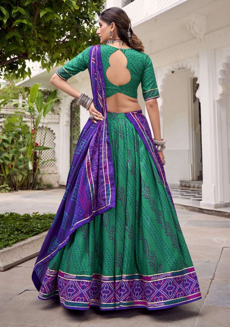 Green Printed Silk Blend Lehenga Set - Indya