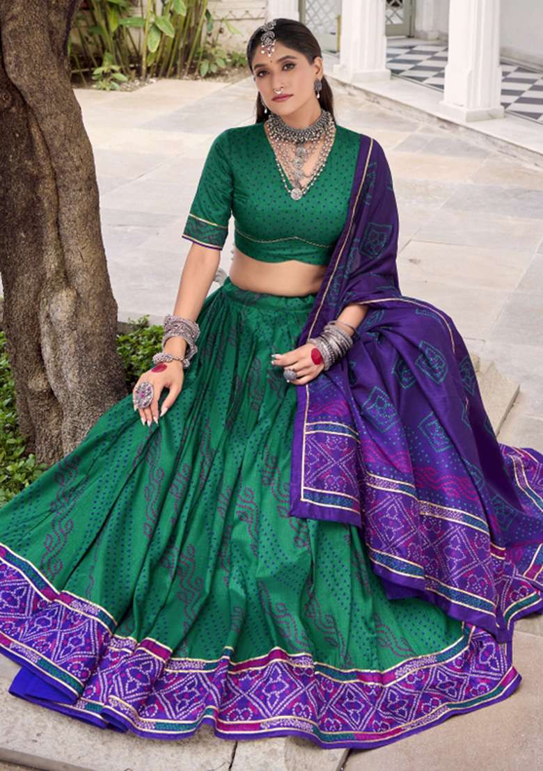 Green Printed Silk Blend Lehenga Set - Indya