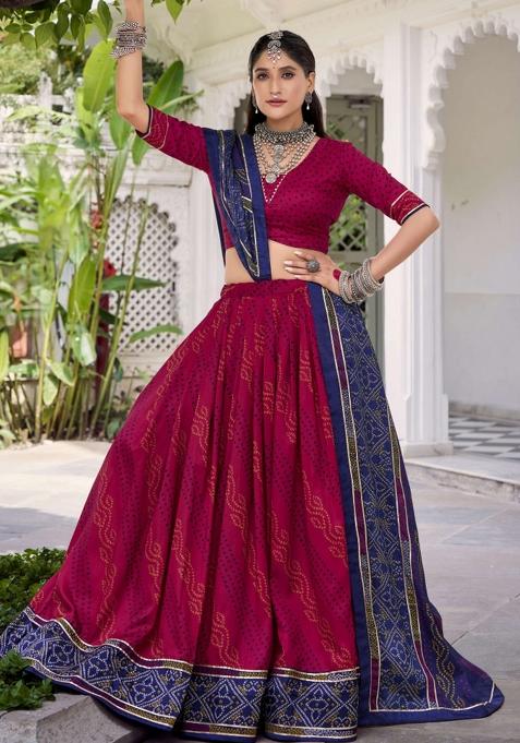 Pink Printed Silk Lehenga Set