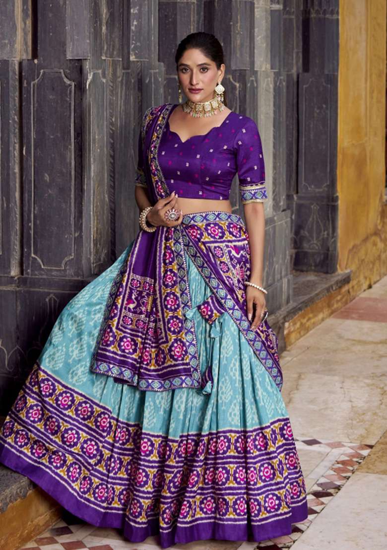 Sky Blue Silk Blend Lehenga Set with Printed for Diwali | Wedding & Festive Wear - Indya