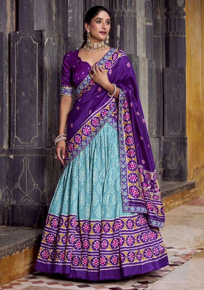 Sky Blue Silk Blend Lehenga Set with Printed for Diwali | Wedding & Festive Wear - Indya