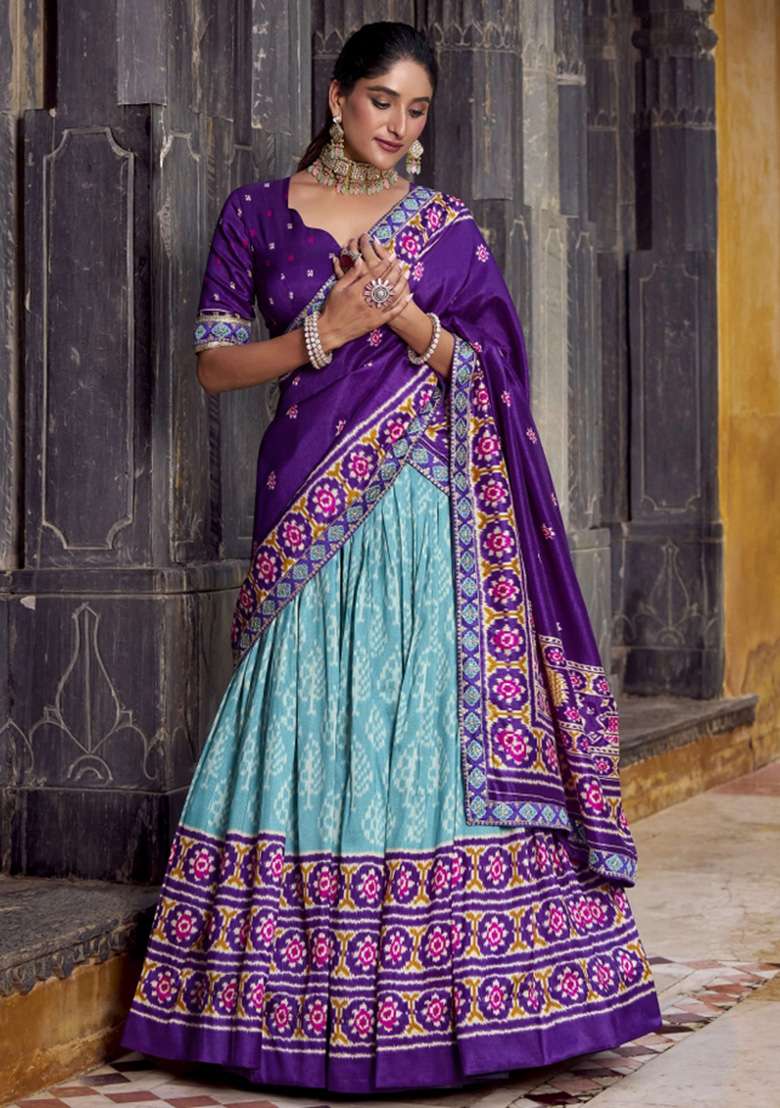 Sky Blue Silk Blend Lehenga Set with Printed for Diwali | Wedding & Festive Wear - Indya