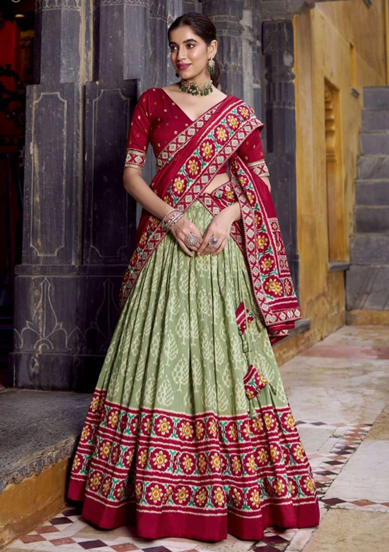 Green Printed Silk Blend Lehenga Set for Diwali and Festive Wear - Indya