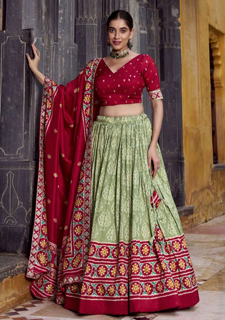 Green Printed Silk Blend Lehenga Set for Diwali and Festive Wear - Indya