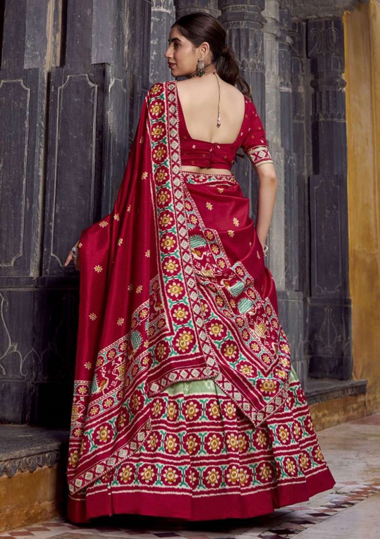 Green Printed Silk Blend Lehenga Set for Diwali and Festive Wear - Indya