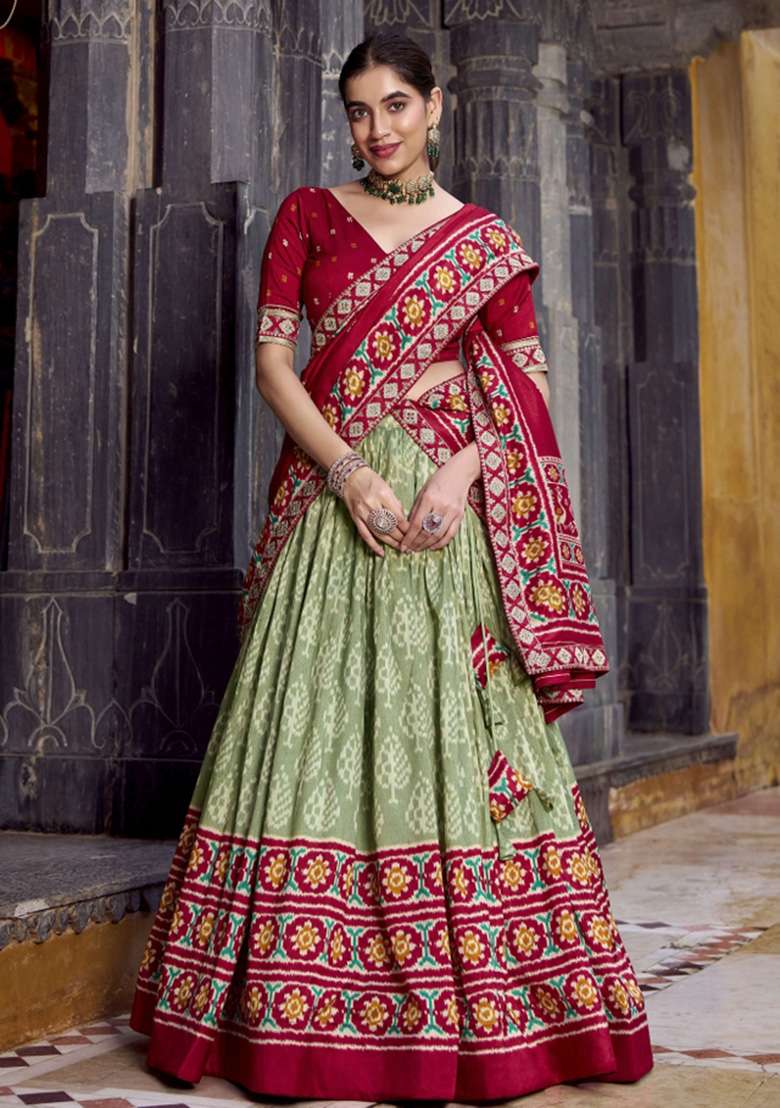 Green Printed Silk Blend Lehenga Set for Diwali and Festive Wear - Indya